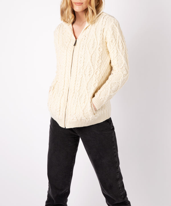 Irelands Eye Ash Aran Zipped Hooded Jacket Natural