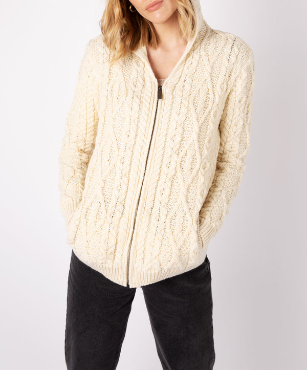Irelands Eye Ash Aran Zipped Hooded Jacket Natural