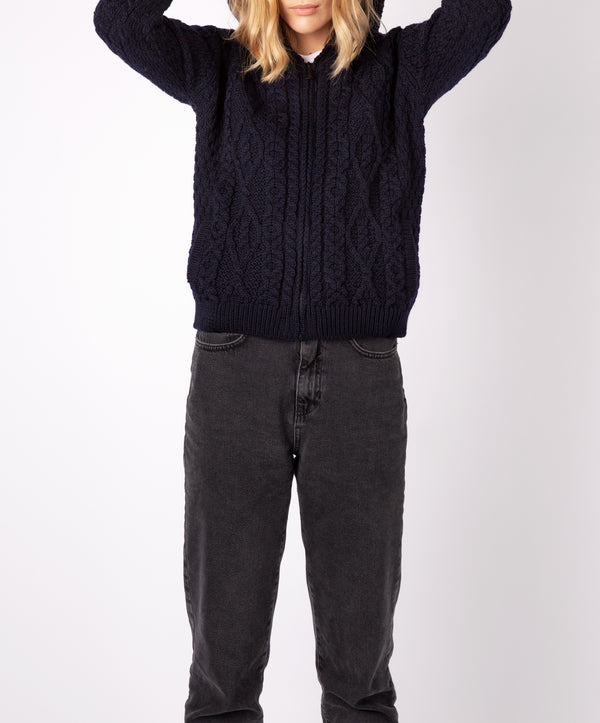 Irelands Eye Ash Aran Zipped Hooded Jacket Navy