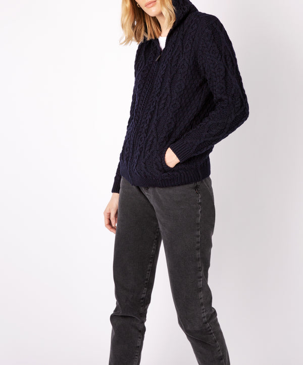 Irelands Eye Ash Aran Zipped Hooded Jacket Navy