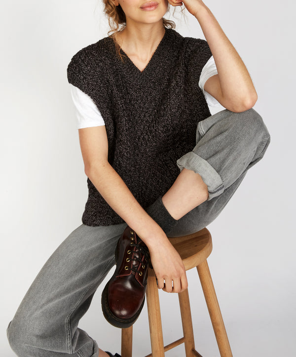 Irelands Eye Birch Aran V Neck Vest Anthracite