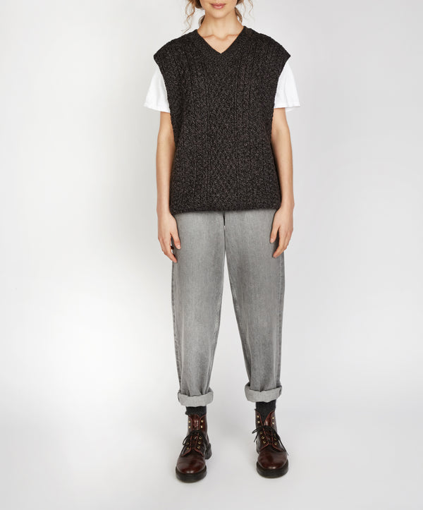 Irelands Eye Birch Aran V Neck Vest Anthracite