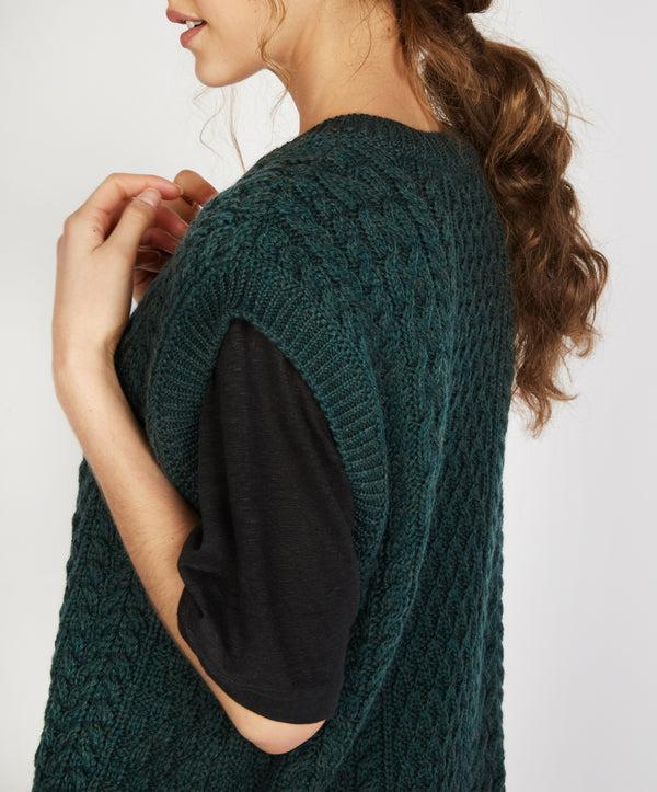 Irelands Eye Birch Aran V Neck Vest Evergreen