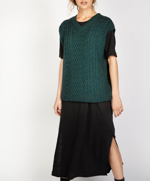 irelands eye Birch Aran V Neck Vest Evergreen