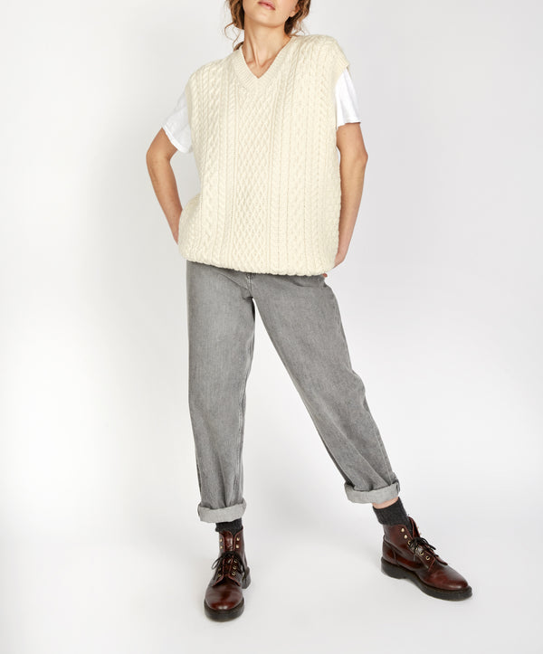 Irelands Eye Birch Aran V Neck Vest Natural
