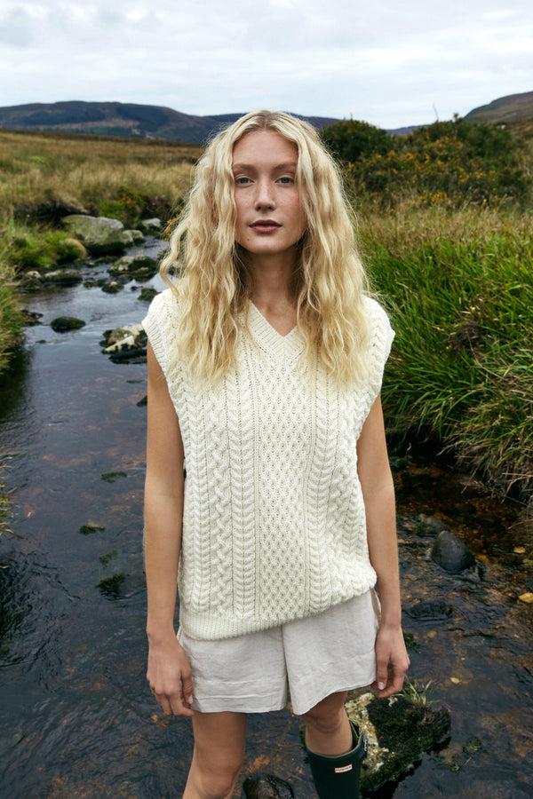 Irelands Eye Birch Aran V Neck Vest Natural