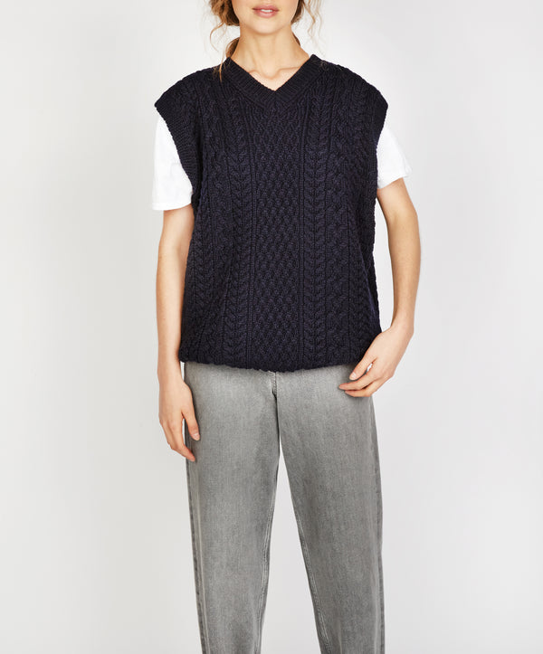 irelands eye Birch Aran V Neck Vest Navy