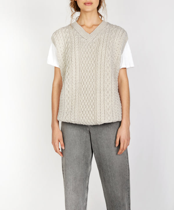 Irelands Eye Birch Aran V Neck Vest Silver Marl