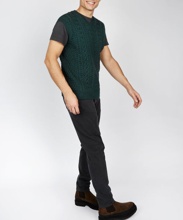 Irelands Eye Birch Mens Aran V Neck Vest Evergreen