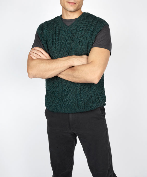 irelands eye Birch Mens Aran V Neck Vest Evergreen