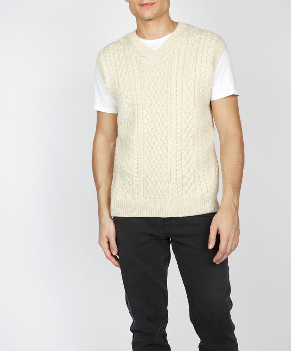 irelands eye Birch Mens Aran V Neck Vest Natural
