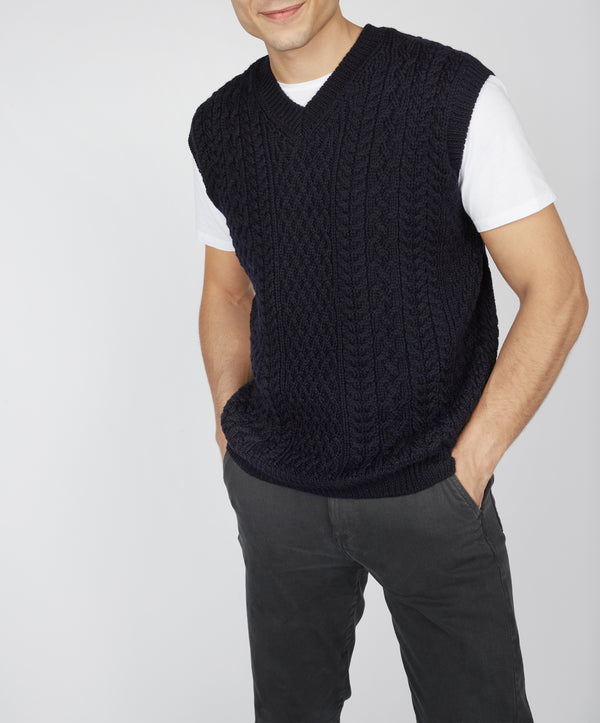 Irelands Eye Birch Mens Aran V Neck Vest Navy