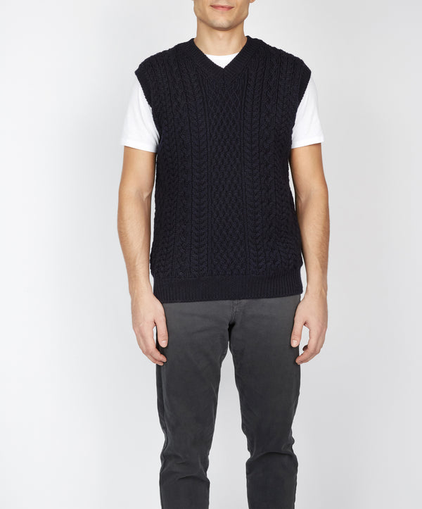 irelands eye Birch Mens Aran V Neck Vest Navy