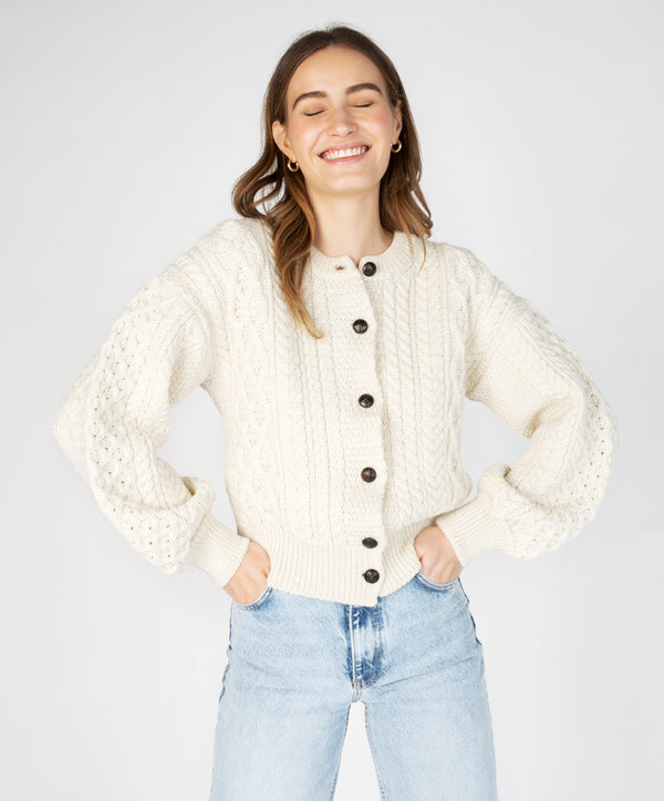 Irelands Eye Clover Cropped Aran Cardigan Natural