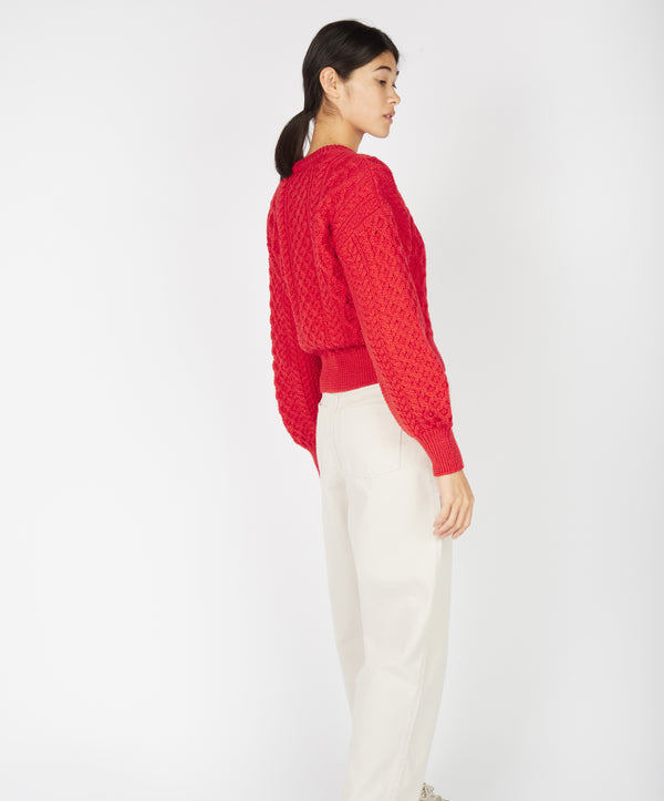 Irelands Eye Clover Cropped Aran Cardigan Scarlet