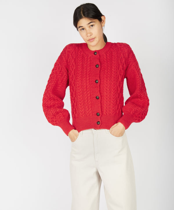 Irelands Eye Clover Cropped Aran Cardigan Scarlet