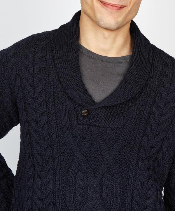 Irelands Eye Dair Aran Shawl Collar Sweater Navy