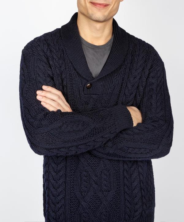 Irelands Eye Dair Aran Shawl Collar Sweater Navy