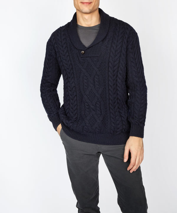 irelands eye Dair Aran Shawl Collar Sweater Navy
