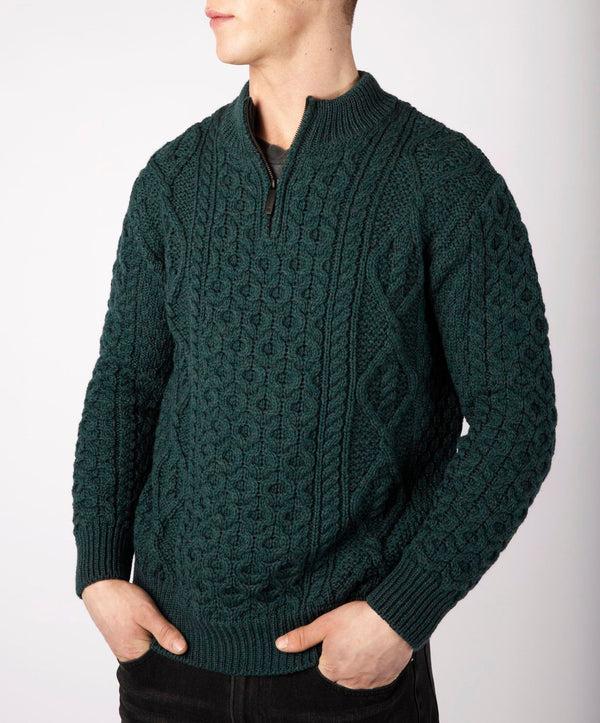 Irelands Eye Dris Aran Zip Neck Sweater Evergreen