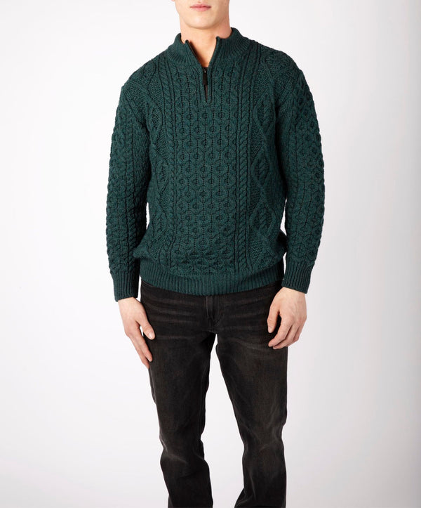 irelands eye Dris Aran Zip Neck Sweater Evergreen