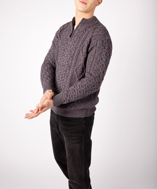 irelands eye Dris Aran Zip Neck Sweater Steel Marl