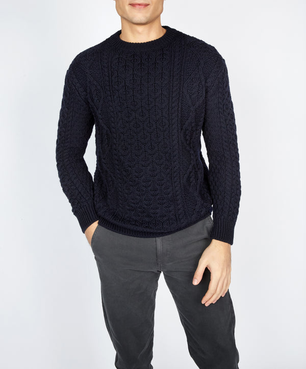 irelands eye Fearnóg Aran Crew Neck Sweater Navy