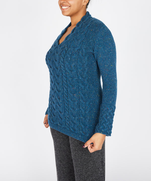 Irelands Eye Horseshoe Cable V Neck Ink Marl