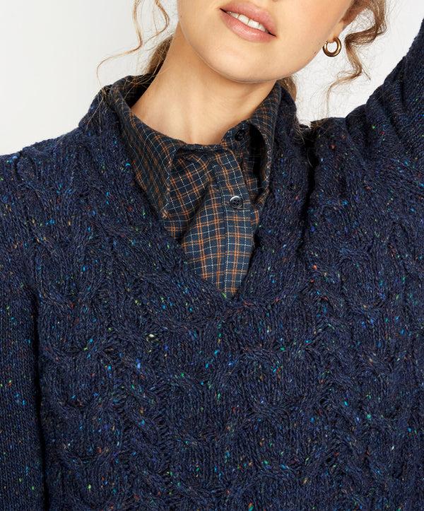 Irelands Eye Horseshoe Cable V Neck Rich Navy