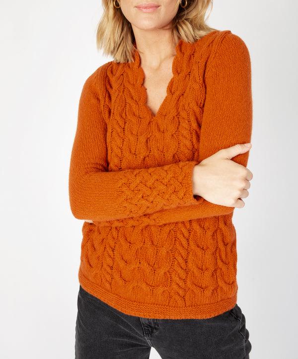 Irelands Eye Horseshoe Cable V Neck Terracotta