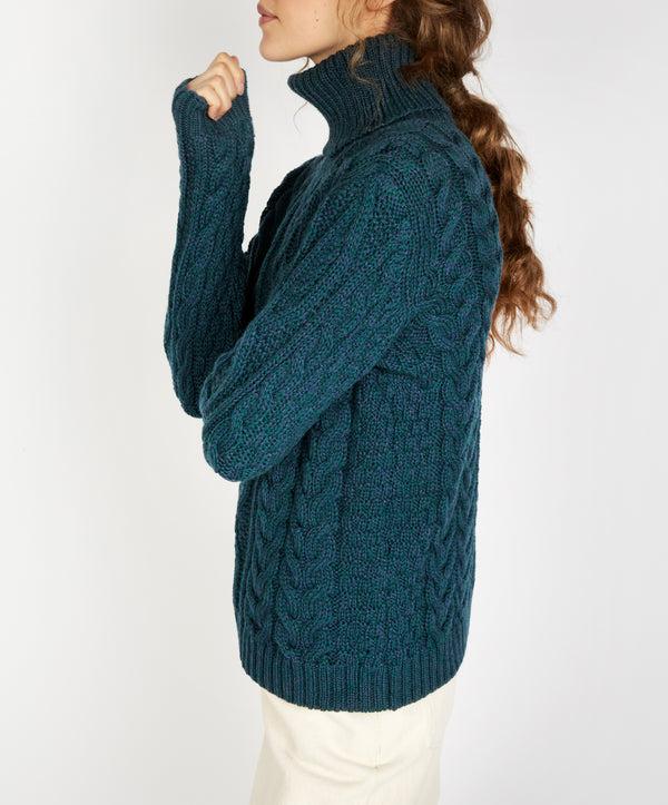irelands eye Juniper Aran Polo Neck Atlantic Blue