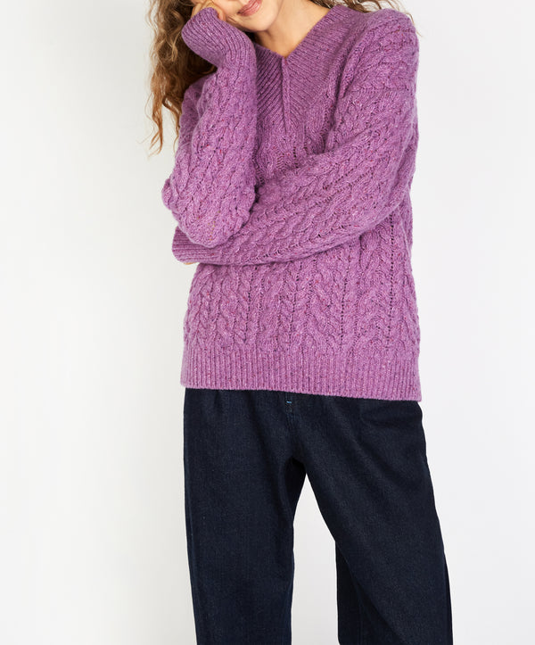 Irelands Eye Mill Lane Cable V-neck Sweater Orchid