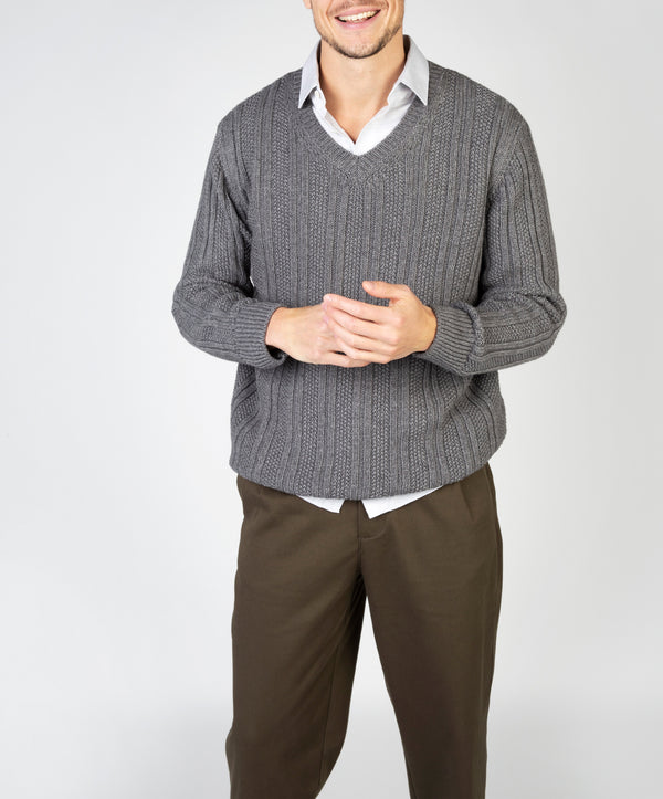 Irelands Eye Moss Stripe V-Neck Sweater Grey Frost