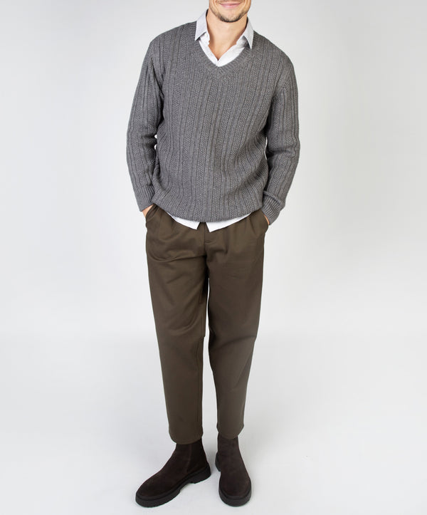 Irelands Eye Moss Stripe V-Neck Sweater Grey Frost