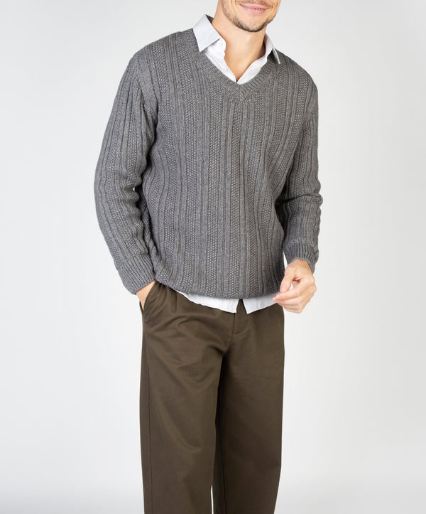 irelands eye Moss Stripe V-Neck Sweater Grey Frost