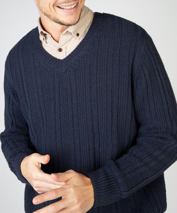 Irelands Eye Moss Stripe V-Neck Sweater Navy Sail
