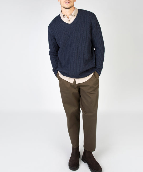 Irelands Eye Moss Stripe V-Neck Sweater Navy Sail