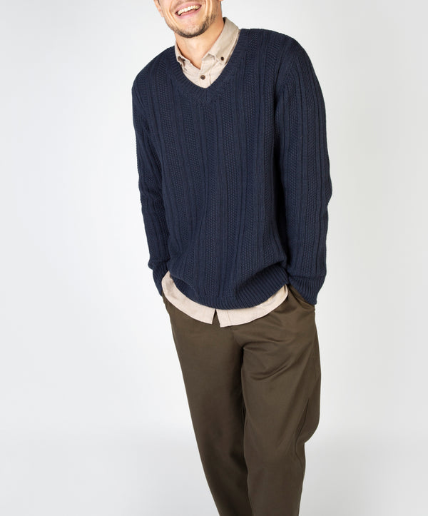 irelands eye Moss Stripe V-Neck Sweater Navy Sail