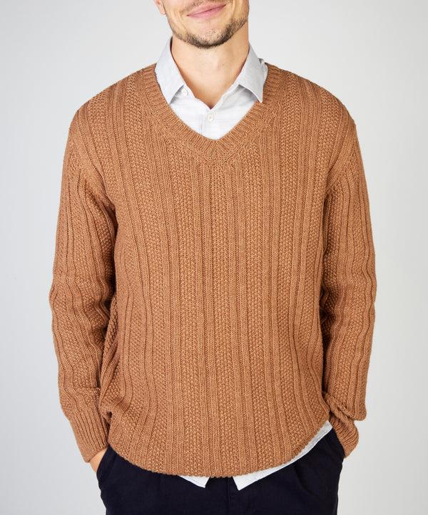 Irelands Eye Moss Stripe V-Neck Sweater Nutmeg