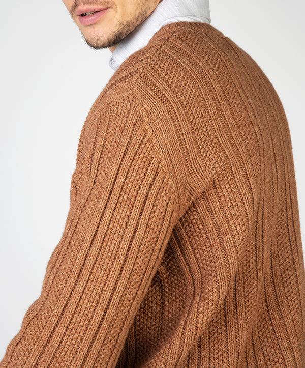 Irelands Eye Moss Stripe V-Neck Sweater Nutmeg