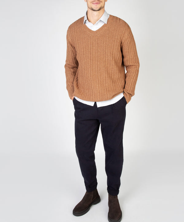 irelands eye Moss Stripe V-Neck Sweater Nutmeg