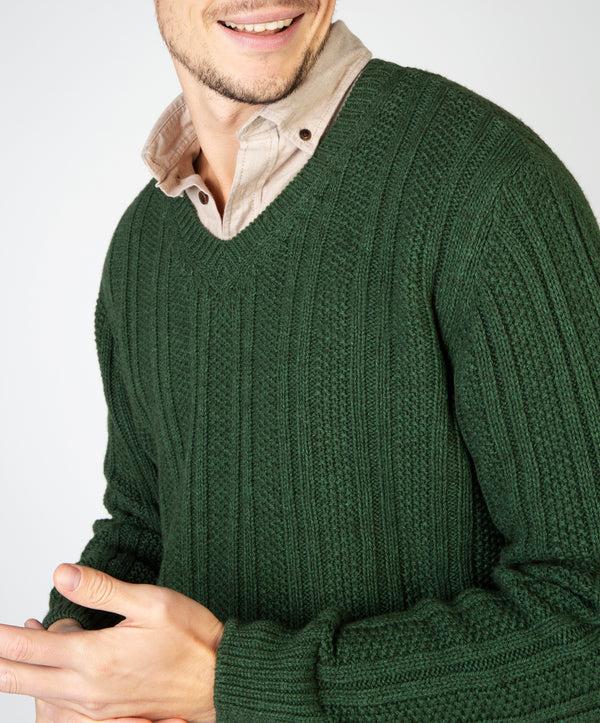 Irelands Eye Moss Stripe V-Neck Sweater Tundra