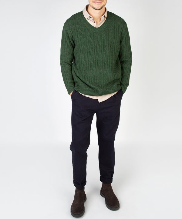 Irelands Eye Moss Stripe V-Neck Sweater Tundra