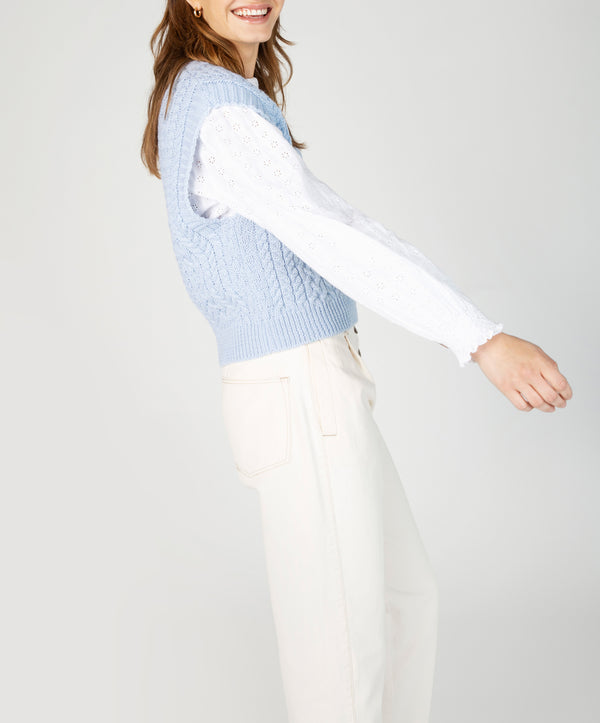 Irelands Eye Pansy V-Neck Aran Vest Ice Blue