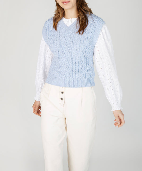 Irelands Eye Pansy V-Neck Aran Vest Ice Blue