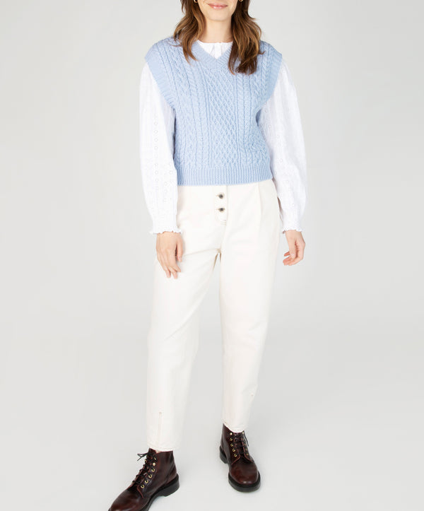 irelands eye Pansy V-Neck Aran Vest Ice Blue