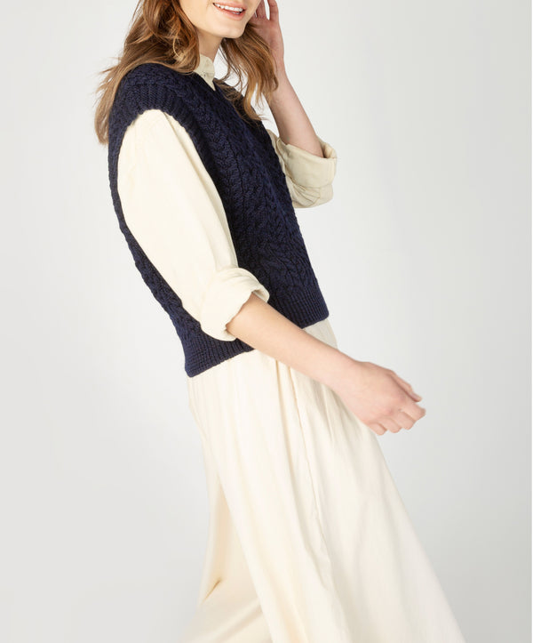 Irelands Eye Pansy V-Neck Aran Vest Navy