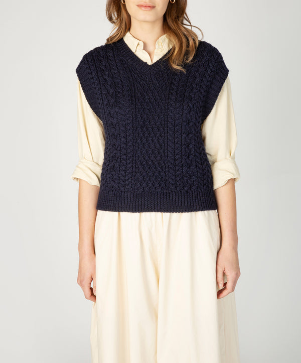 Irelands Eye Pansy V-Neck Aran Vest Navy