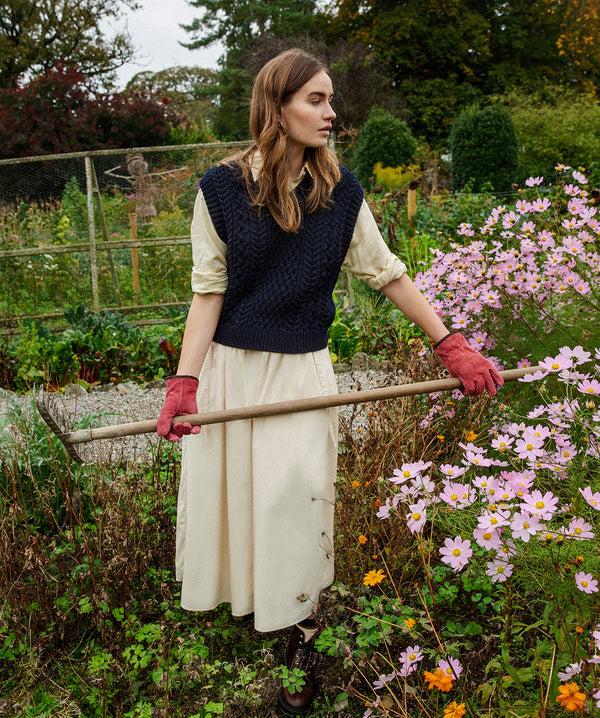 Irelands Eye Pansy V-Neck Aran Vest Navy