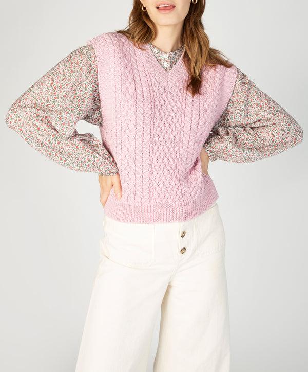 Irelands Eye Pansy V-Neck Aran Vest Pale Pink